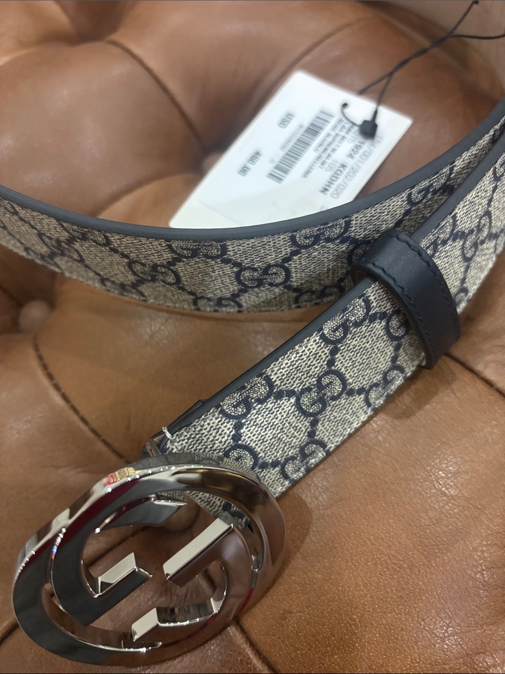Gucci Beige & Navy GG Canvas Belt with Silver Double G Buckle